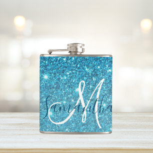 Modern Blue Glitter Sparkles Personalized Name Hip Flask