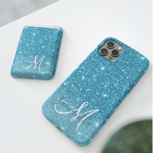 Modern Blue Glitter Sparkles Personalized Name iPhone 14 Plus Case