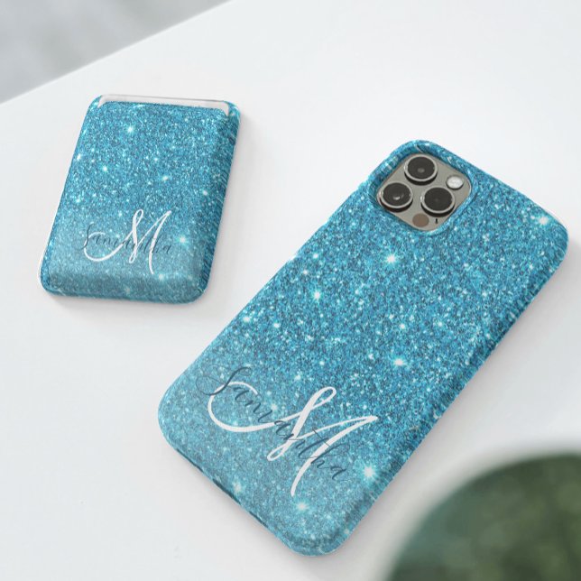Modern Blue Glitter Sparkles Personalized Name iPhone Case (Creator Uploaded)
