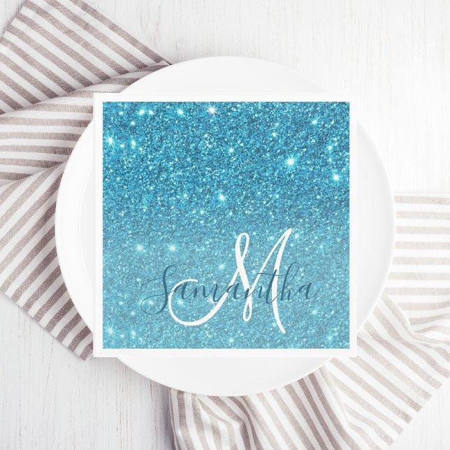 Modern Blue Glitter Sparkles Personalized Name Napkin (Creator Uploaded)