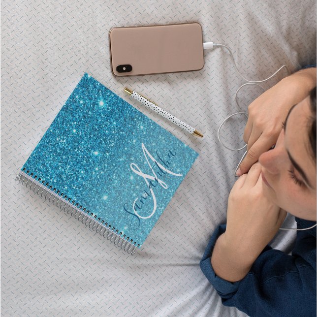 Modern Blue Glitter Sparkles Personalized Name Notebook (Creator Uploaded)
