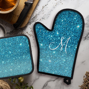 Modern Blue Glitter Sparkles Personalized Name Oven Mitt & Pot Holder Set
