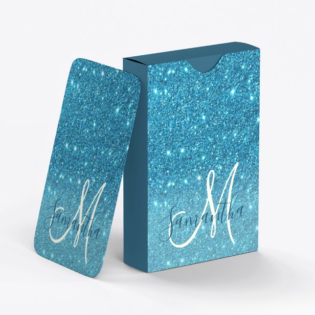 Modern Blue Glitter Sparkles Personalized Name Playing Cards (Creator Uploaded)