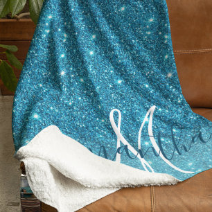 Modern Blue Glitter Sparkles Personalized Name Sherpa Blanket