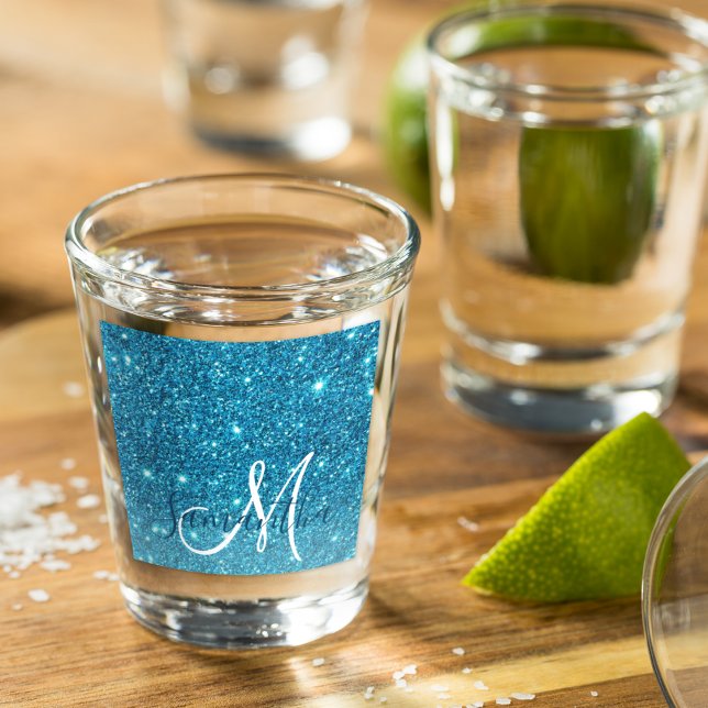 Modern Blue Glitter Sparkles Personalized Name Shot Glass (Creator Uploaded)