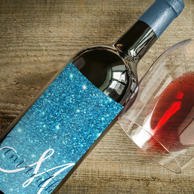 Modern Blue Glitter Sparkles Personalized Name Wine Label (Creator Uploaded)