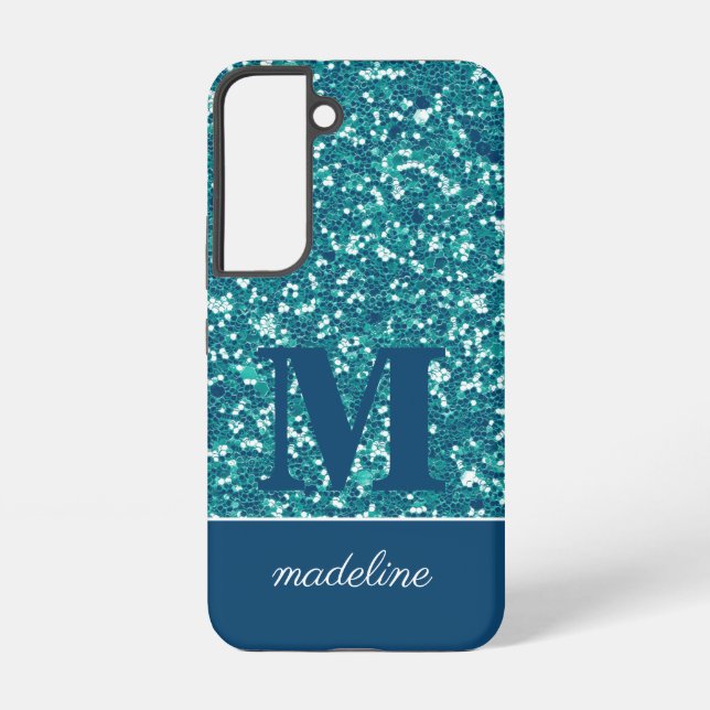 Modern Blue Glittery Personalized Samsung Galaxy S22 Case (Back)