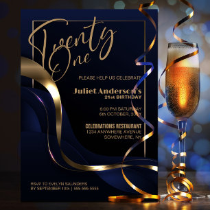 Modern Blue Gold 21st Birthday Party Invitation