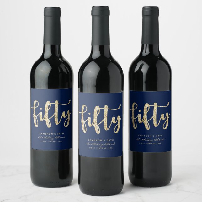 Modern Blue & Gold 50th Birthday Personalized Wine Label (Bottles)