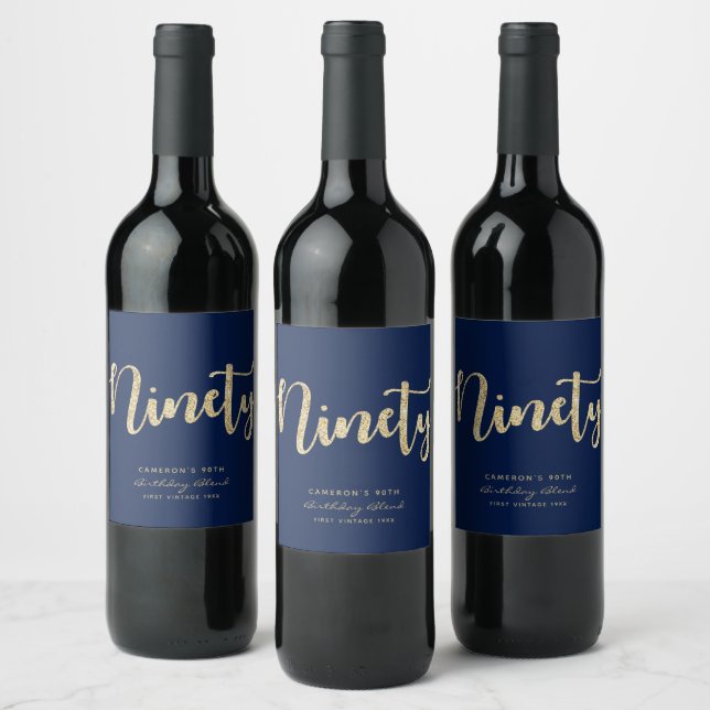 Modern Blue & Gold 90th Birthday Personalized Wine Label (Bottles)