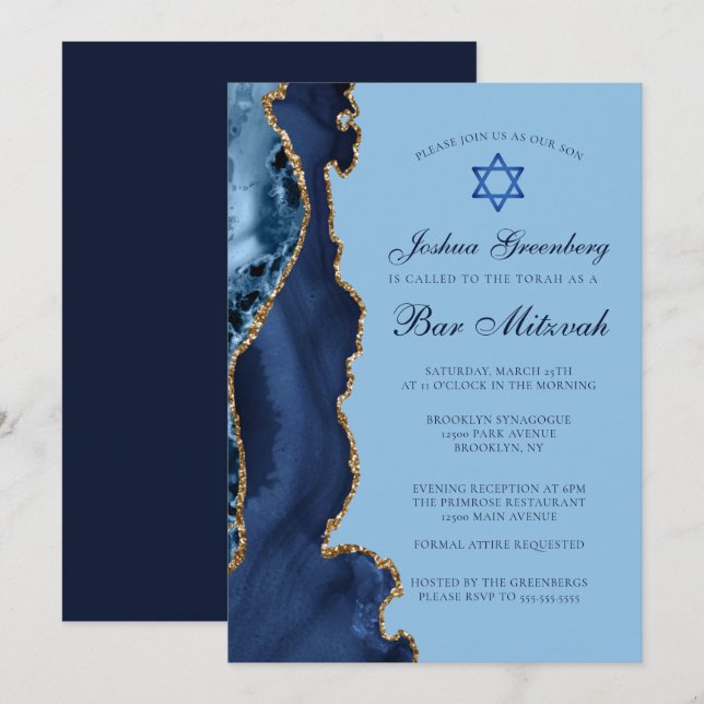 Modern Blue Gold Agate Bar Mitzvah Party Invitation (Front/Back)