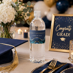 Modern Blue & Gold Agate Graduation party decor Water Bottle Label
