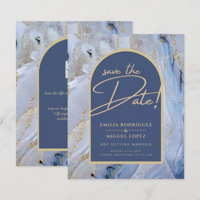 Modern Blue Gold Agate Marble Arch Wedding (Front/Back)