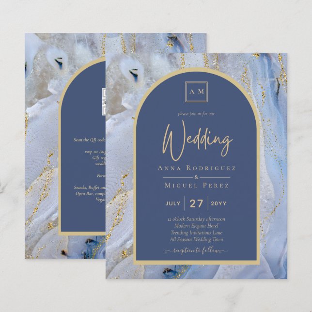 Modern Blue Gold Agate Marble Arch Wedding (Front/Back)