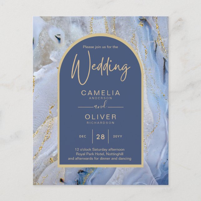 Modern Blue Gold Agate Marble Arch Wedding Flyer (Front)