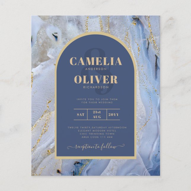 Modern Blue Gold Agate Marble Arch Wedding Flyer (Front)