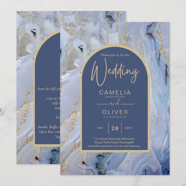Modern Blue Gold Agate Marble Arch Wedding Invitation (Front/Back)