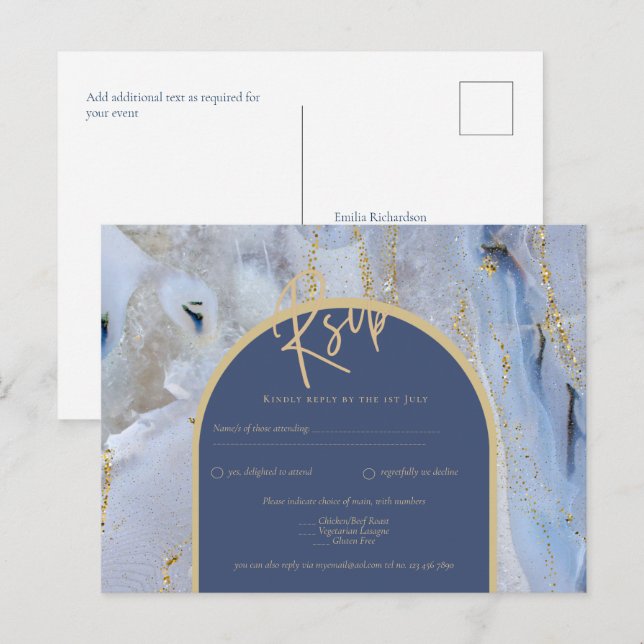 Modern Blue Gold Agate Marble Arch Wedding Postcard (Front/Back)