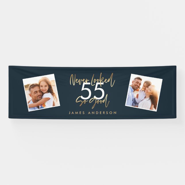 Modern blue gold birthday simple elegant script banner (Horizontal)