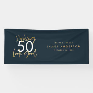 Modern blue gold birthday simple elegant script banner