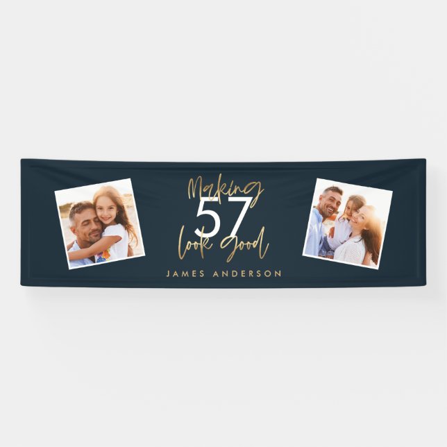 Modern blue gold birthday simple elegant script banner (Horizontal)