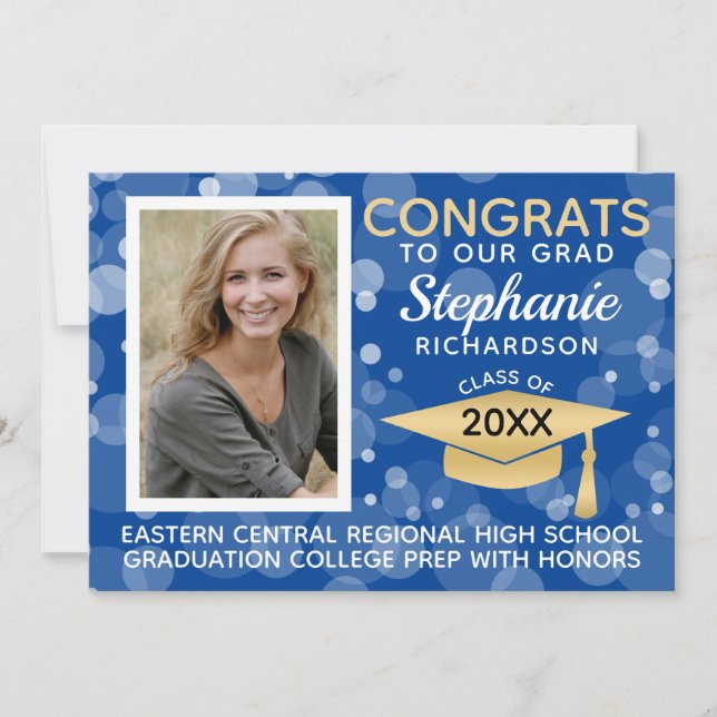 Modern Blue Gold Bokeh Bubbles Photo Graduation Invitation (Front)