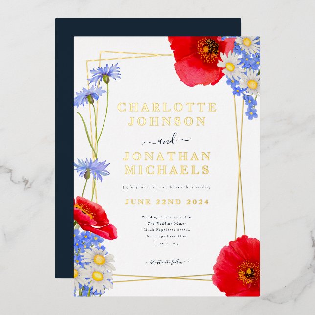 Modern Blue Gold Botanical Geometric Wedding (Front/Back)