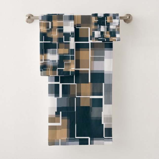 Modern Blue Gold Brown Black White Plaid Bath Towel Set (Insitu)