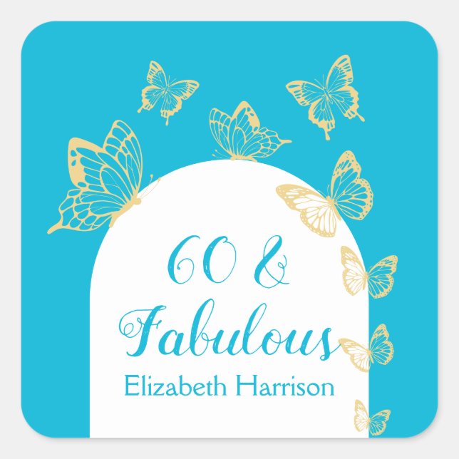 Modern Blue Gold Butterflies Fabulous Birthday Square Sticker (Front)