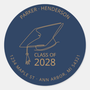 Modern Blue Gold Cap Graduate Return Address Classic Round Sticker