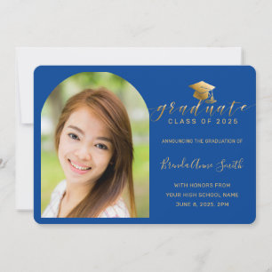 Modern Blue Gold Cap Script Arch Photo Graduation Announcement