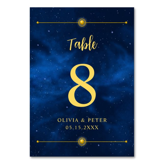 Modern, Blue, Gold, Celestial, Minimalist Table Nu Table Number (Front)