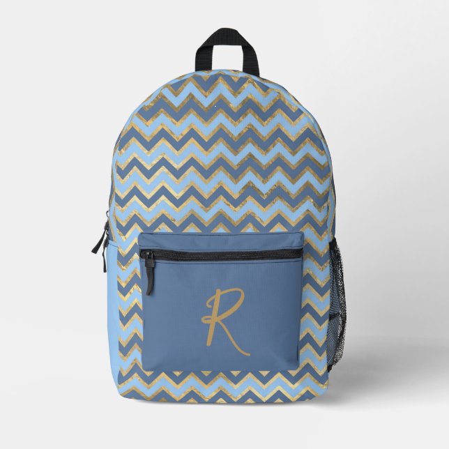 Modern Blue & Gold Chevron Stripes Personalized Printed Backpack (Front)