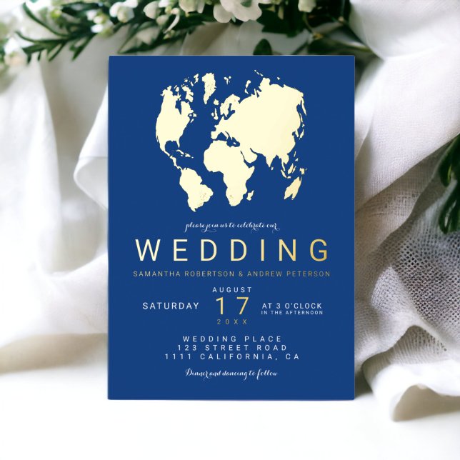 Modern blue gold chic world map wedding photo (Modern blue gold chic world map wedding photo foil invitation)