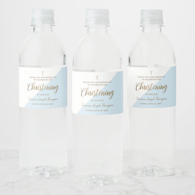 Modern Blue Gold Christening Script Thank You Water Bottle Label (Bottles)
