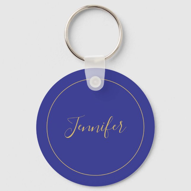 Modern Blue & Gold Color Calligraphy Plain Unique Keychain (Front)