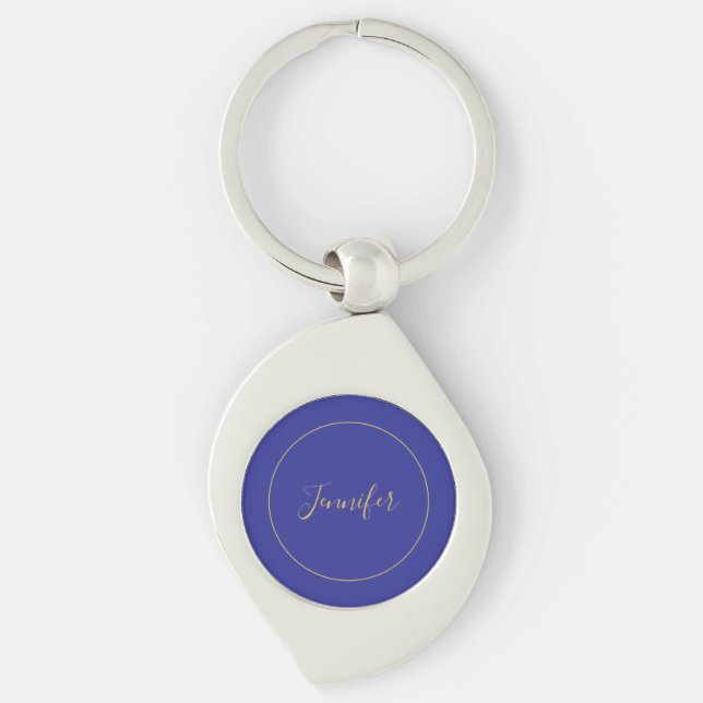 Modern Blue & Gold Color Calligraphy Plain Unique Keychain (Front)