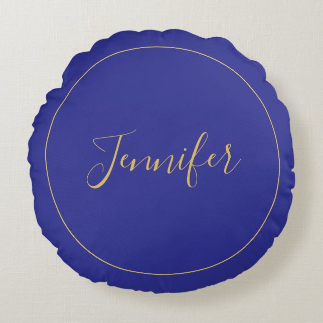 Modern Blue & Gold Color Calligraphy Plain Unique Round Pillow (Front)