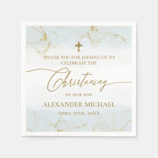 Modern Blue Gold Cross Boy Christening Napkin