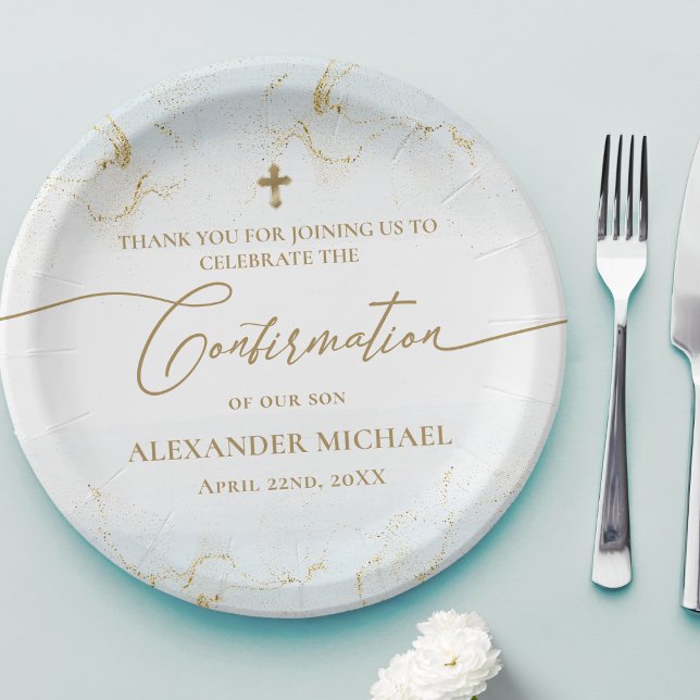 Modern Blue Gold Cross Boy Confirmation Paper Plate (Creator Uploaded)