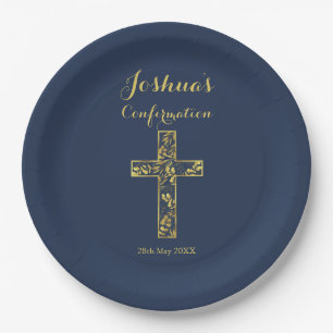 Modern blue gold cross name boy confirmation paper plate