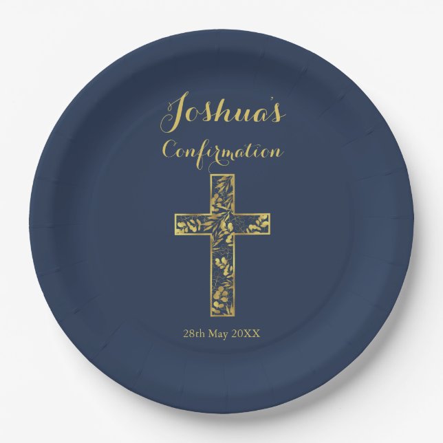 Modern blue gold cross name boy confirmation paper plate (Front)