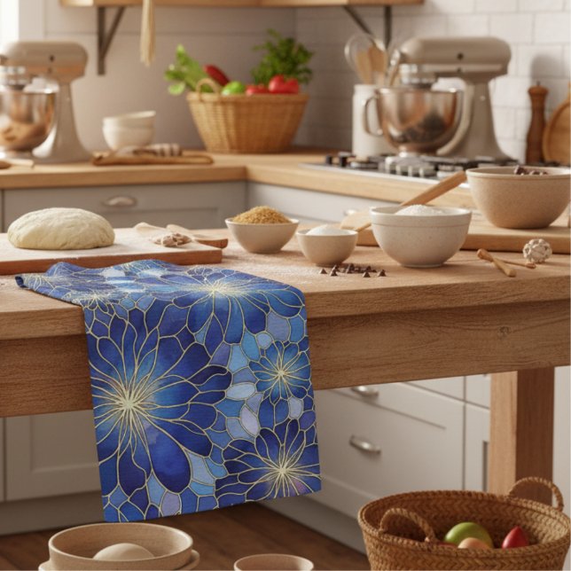 Modern Blue Gold Floral Pattern Kitchen Towel (Creator Uploaded)