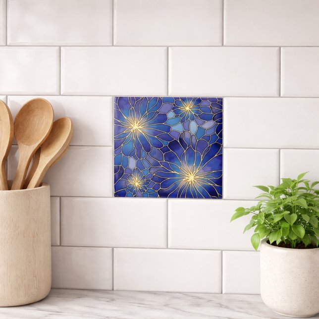 Modern Blue Gold Floral Pattern Tile (Creator Uploaded)