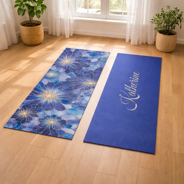 Modern Blue Gold Floral Pattern Yoga Mat (Creator Uploaded)