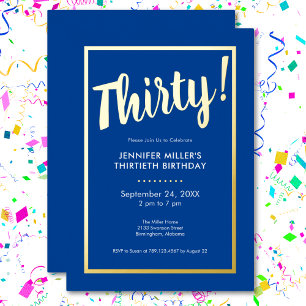 Modern Blue & Gold Foil 30th Birthday