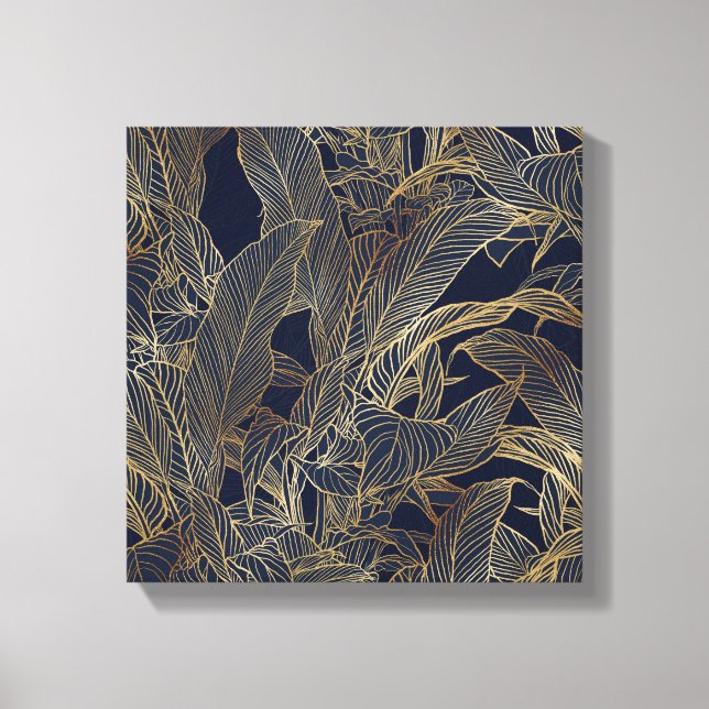 Modern Blue Gold Foliage Plant Botanical Design Canvas Print (Front)