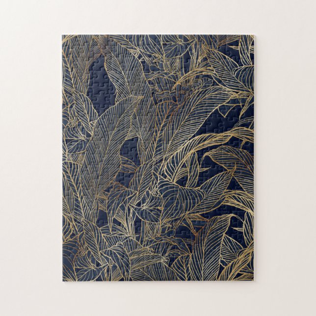 Modern Blue Gold Foliage Plant Botanical Design Jigsaw Puzzle (Vertical)