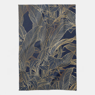 Modern Blue Gold Foliage Plant Botanical Design Kitchen Towel