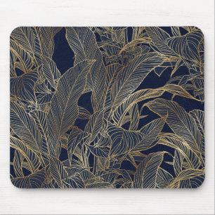 Modern Blue Gold Foliage Plant Botanical Design Mouse Pad